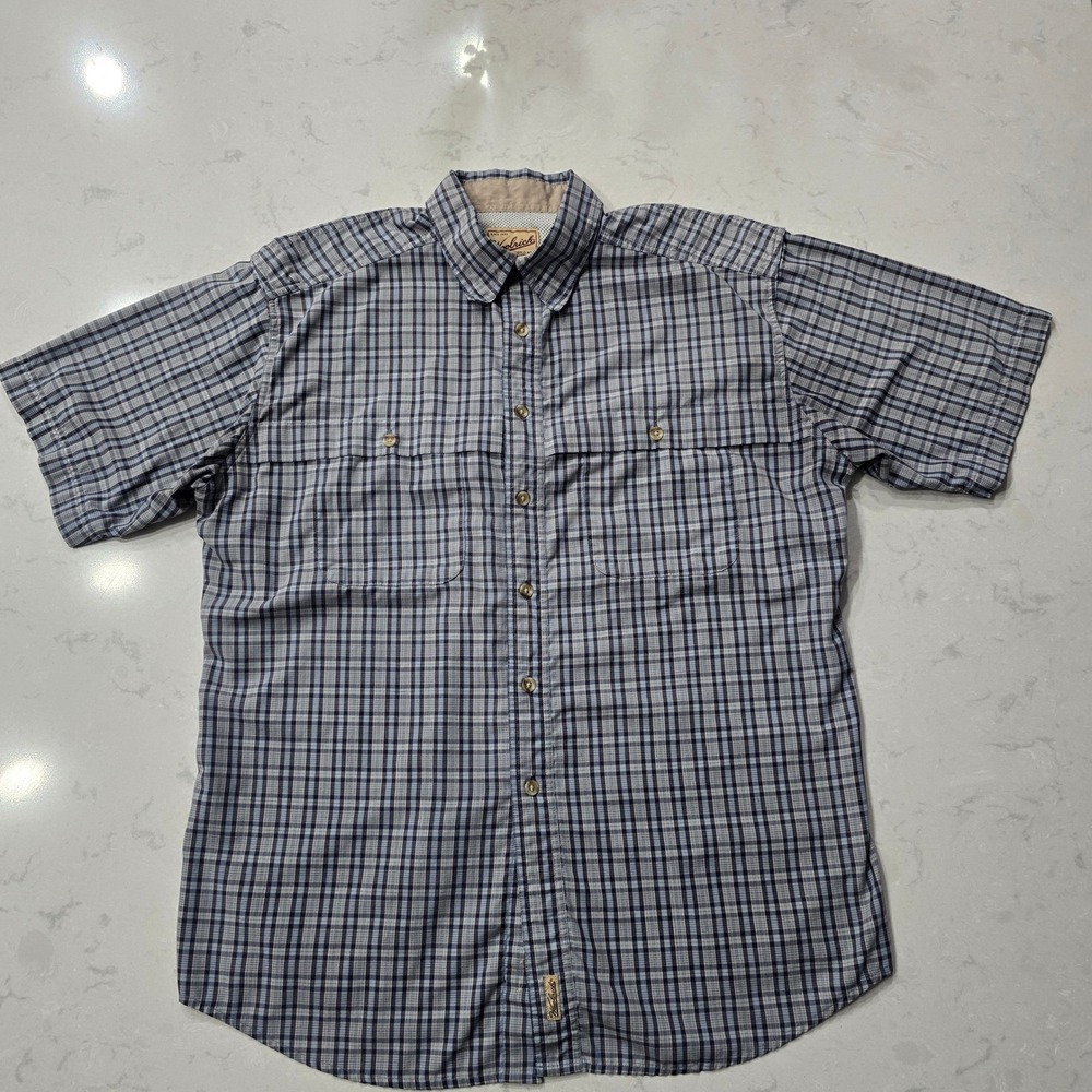 Woolrich Mens Large Blue Plaid Short Sleeve Ventilated Fishing Hiking Shirt L